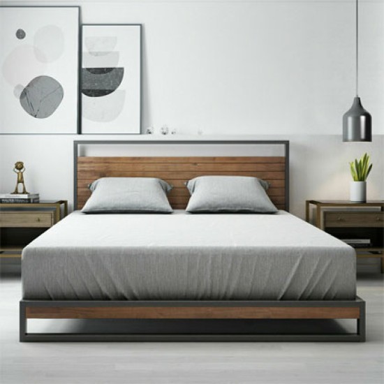 Rome Metal And Wood Platform Bed Frame With Headboard